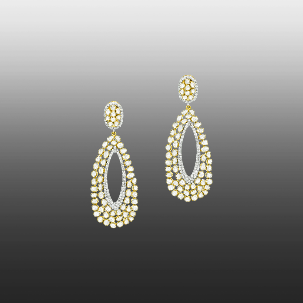 Oval Polki Drop Earrings with Double-Layered Polki